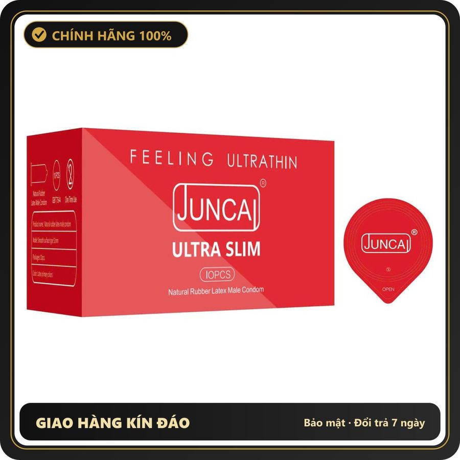 (Che Tên) Bao cao su Juncai Ultra Slim - Siêu mỏng 001- Trơn - Nhiều gel - Kéo dài thời gian - Hộp 10 bao Hộp Trắng Kín
