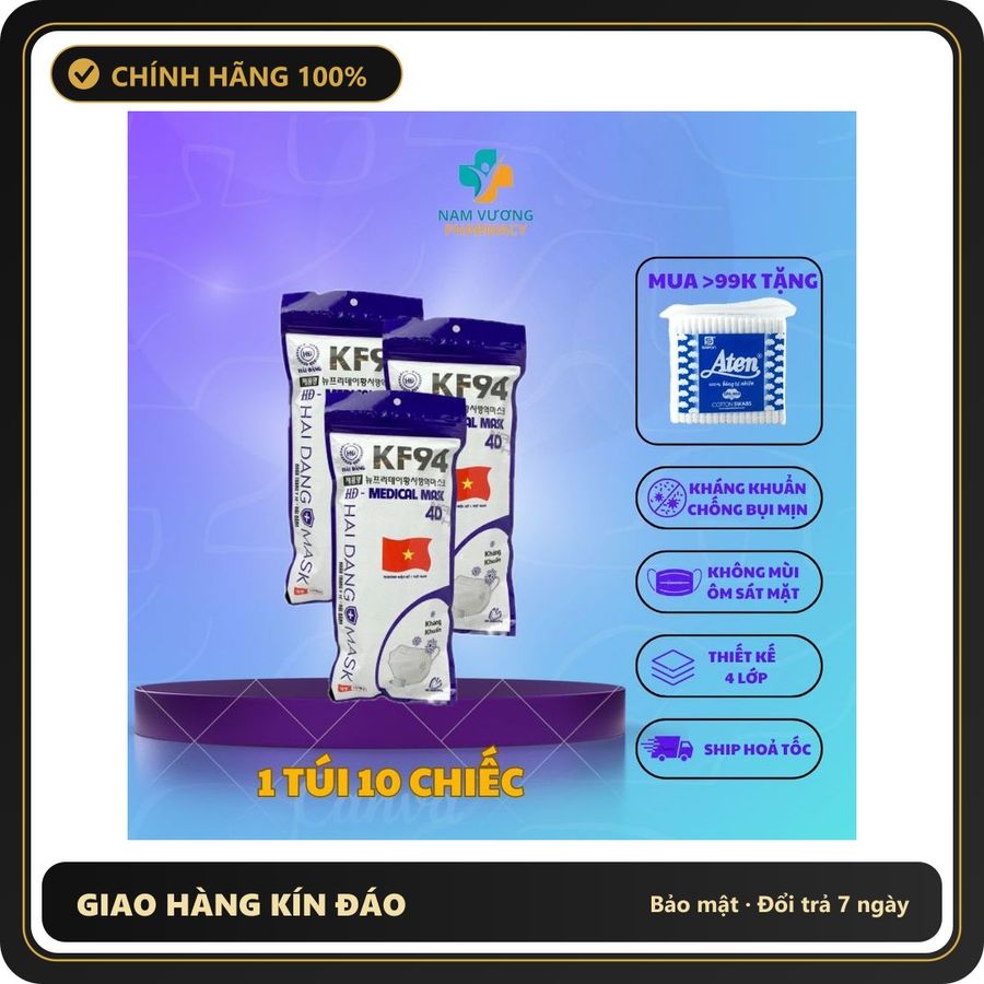 (Che Tên) Khẩu trang 4D KF94 Hải Đăng chống nước, kháng khuẩn, chống bụi mịn xâm nhập vào đường hô hấp - 1 túi 10c Bảo Mật Tuyệt Đối
