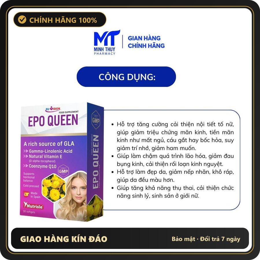 (Che Tên) Viên Uống Bổ Sung Nội Tiết Tố Nữ, Hỗ Trợ Cải Thiện Sinh Lý Nữ - Epo Queen 30 Viên - Nhà Thuốc Minh Thủy. Hộp Trắng Kín