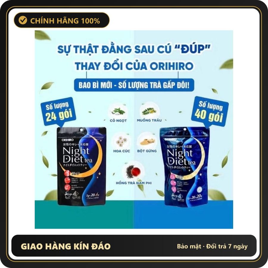 (Che Tên) Trà giảm cân ban đêm Night Diet tea Orihiro Nhật Bản 20 gói, 24g, hồng collagen beauty Cao Cấp Bảo Đảm
