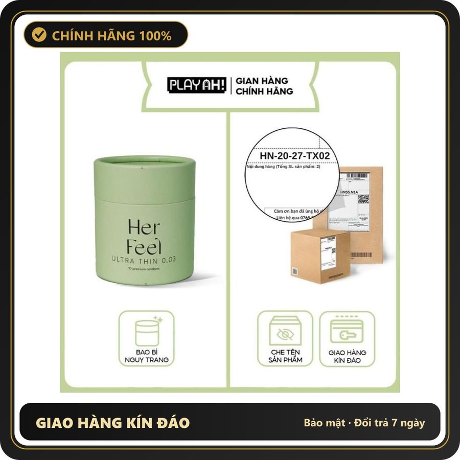 (Che Tên) Bao cao su PlayAh Her Feel Ultra Thin 0.03mm Hộp 3/10 Size 52mm Siêu Mỏng Nhiều Gel Cao Cấp 891187 - Hàng Mới Về