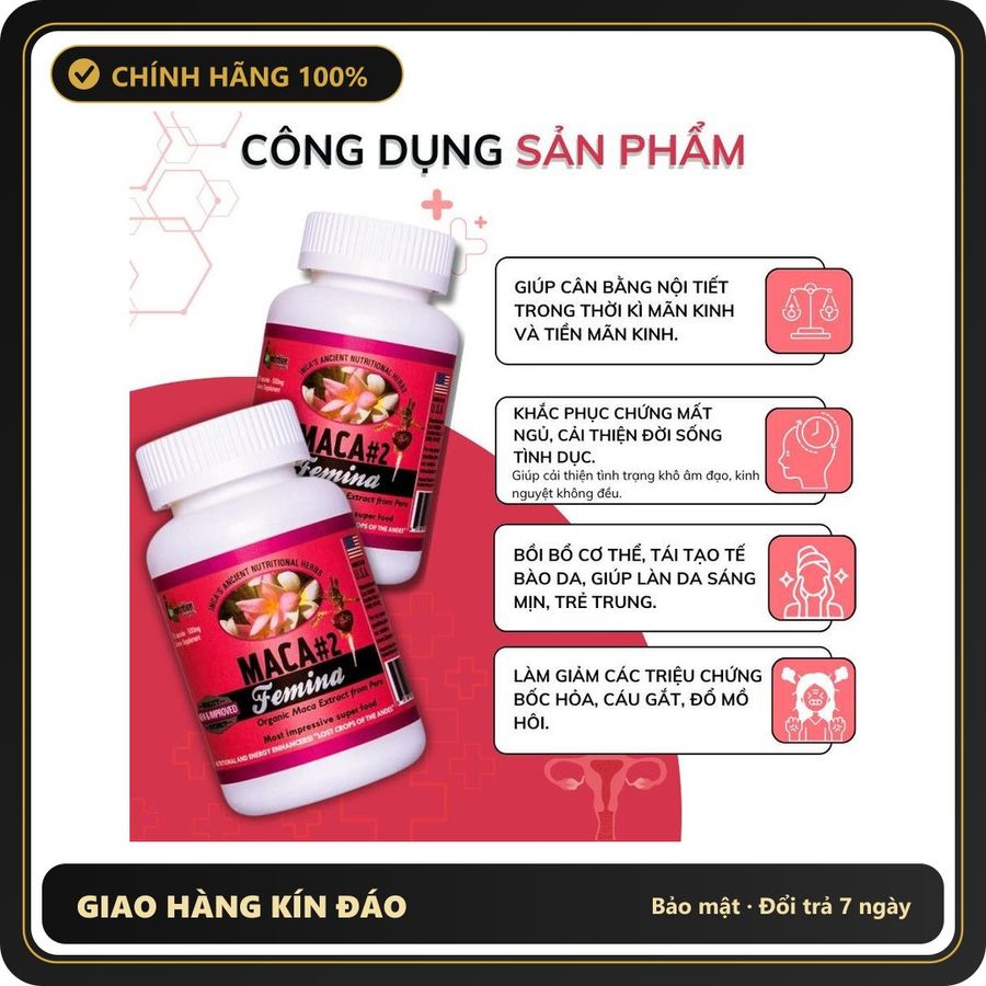 (Che Tên) [HỎA TỐC ĐẮK LẮK] Viên Uống Tăng Cường Sinh Lý Nữ Maca 2 Femina Mỹ Hỗ Trợ Cân Bằng Nội Tiết Đẹp Da Bảo Mật Tuyệt Đối