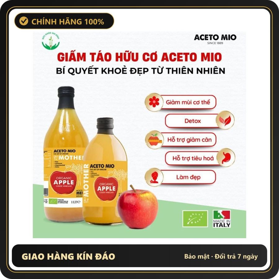 (Che Tên) Giấm Táo, Giấm Lựu Hữu Cơ Aceto Mio - Ý - Dấm Táo Giảm Cân Ăn Kiêng Eatclean [ Tặng Cốc Đong] Hộp Trắng Kín