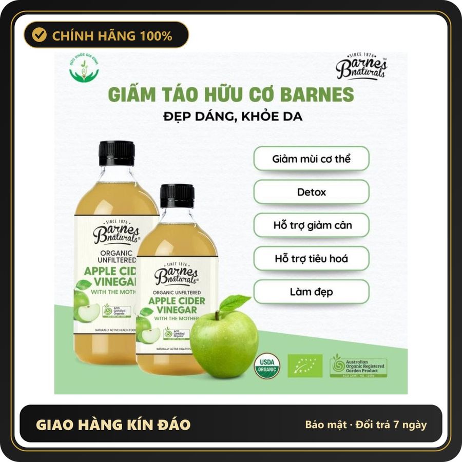 (Che Tên) [CHÍNH HÃNG] Giấm Táo Hữu Cơ Barnes Naturals Có Giấm Cái-Giảm Cân Ăn Kiêng Eatclean [Tặng Cốc đong] Hỗ Trợ 24/7