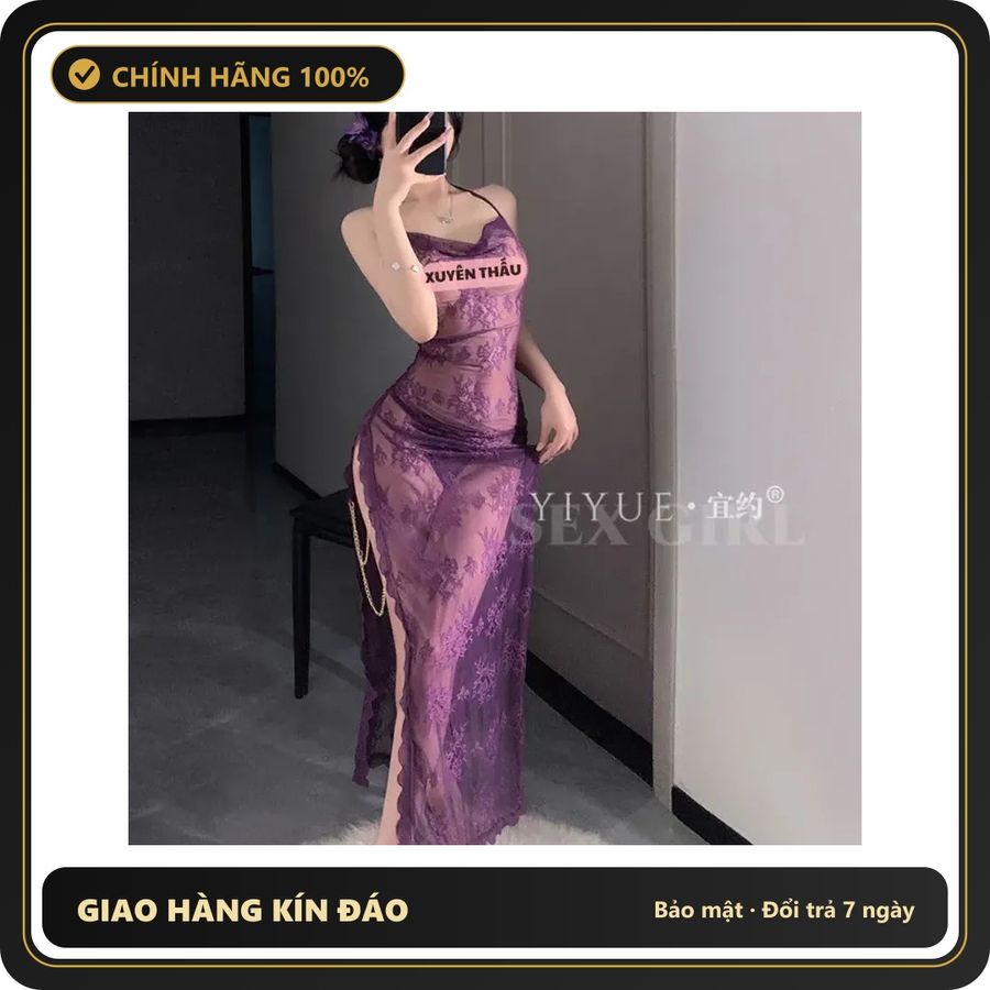 Đầm Ngủ Maxi Ren Hoa Xẻ Tà Đùi Gợi N286 Tím chính hãng - phối ren, co giãn thoải mái, freesize - giao hàng che tên kín đáo