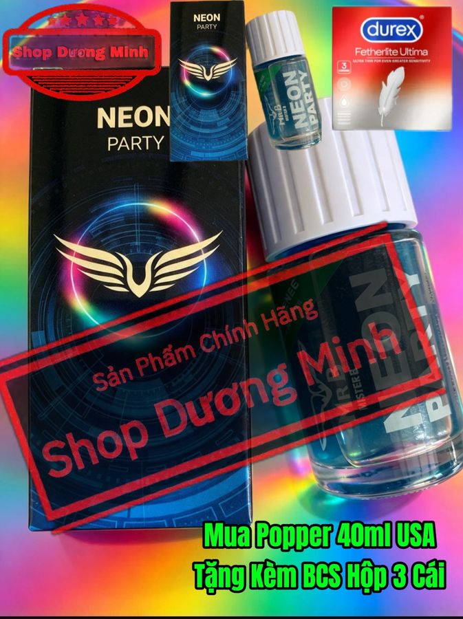 Popper Neon Party 40ml USA, Hàng Chính Hãng, Cực Mạnh, Phê Lâu, Tặng Kèm BCS, Hộp 3 Cái 