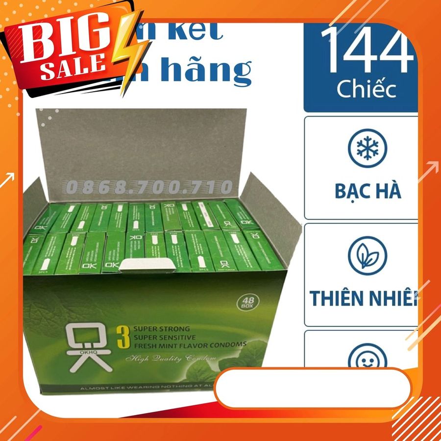 Bản Nhập Khẩu Cao Cấp - Hộp 144 chiếc Bao Su Cao Cấp gia đình OKHQ - hương bạc hà thơm mát - an toàn cho da - phân phối 