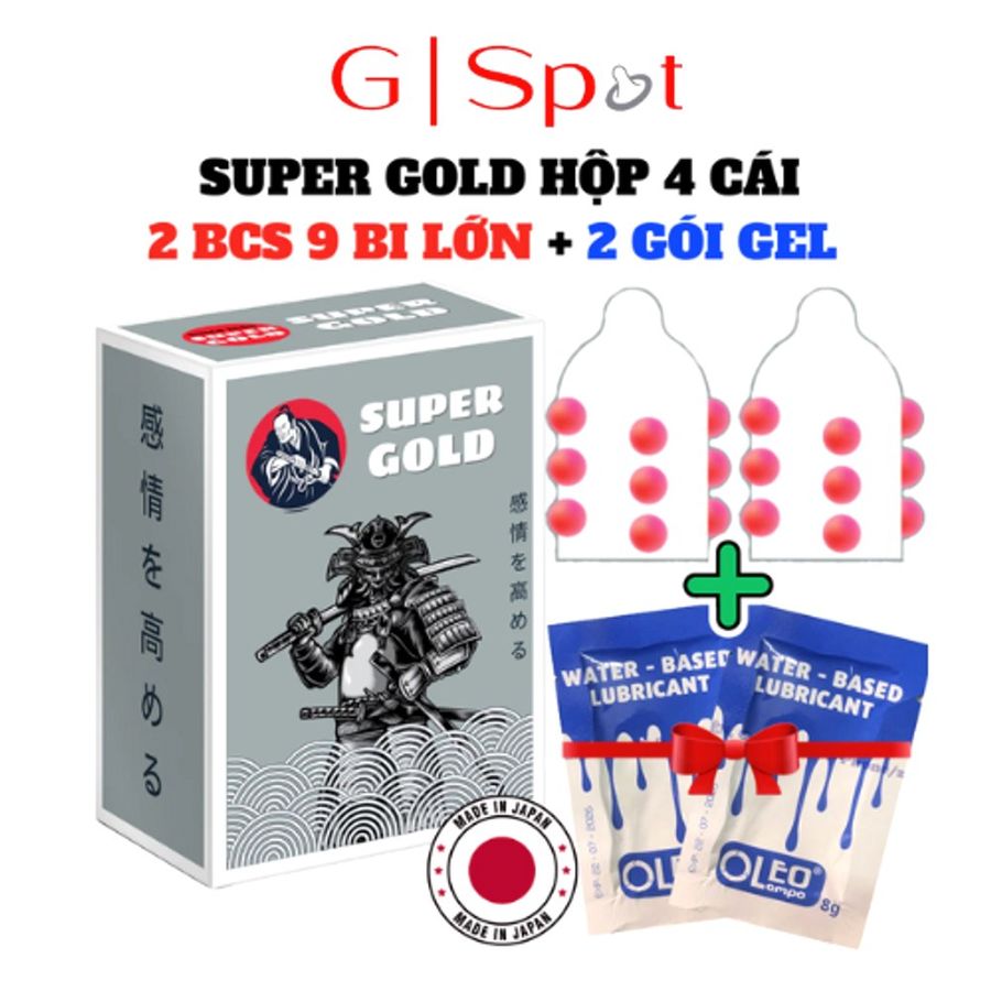 Hàng Chuẩn Nhập Khẩu - Bao Su Cao Cấp Nhật Bản 9 Bi Lớn - Super Gold - Tặng 2 gel gói mẫu 2 SUPER GOLD HỘP 4 CÁI - ôm sá