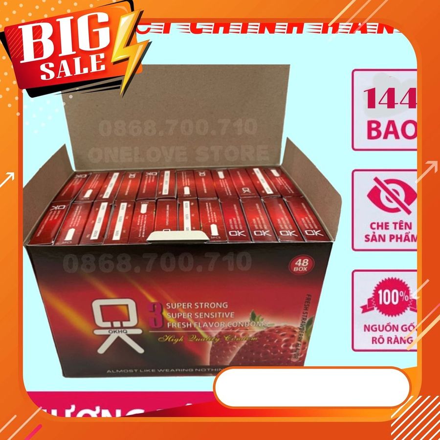 Bản Nhập Khẩu Cao Cấp - Hộp 144 chiếc Bao Su Cao Cấp gia đình OKHQ - hương dâu thơm dịu - an toàn cho da - phân phối - ô