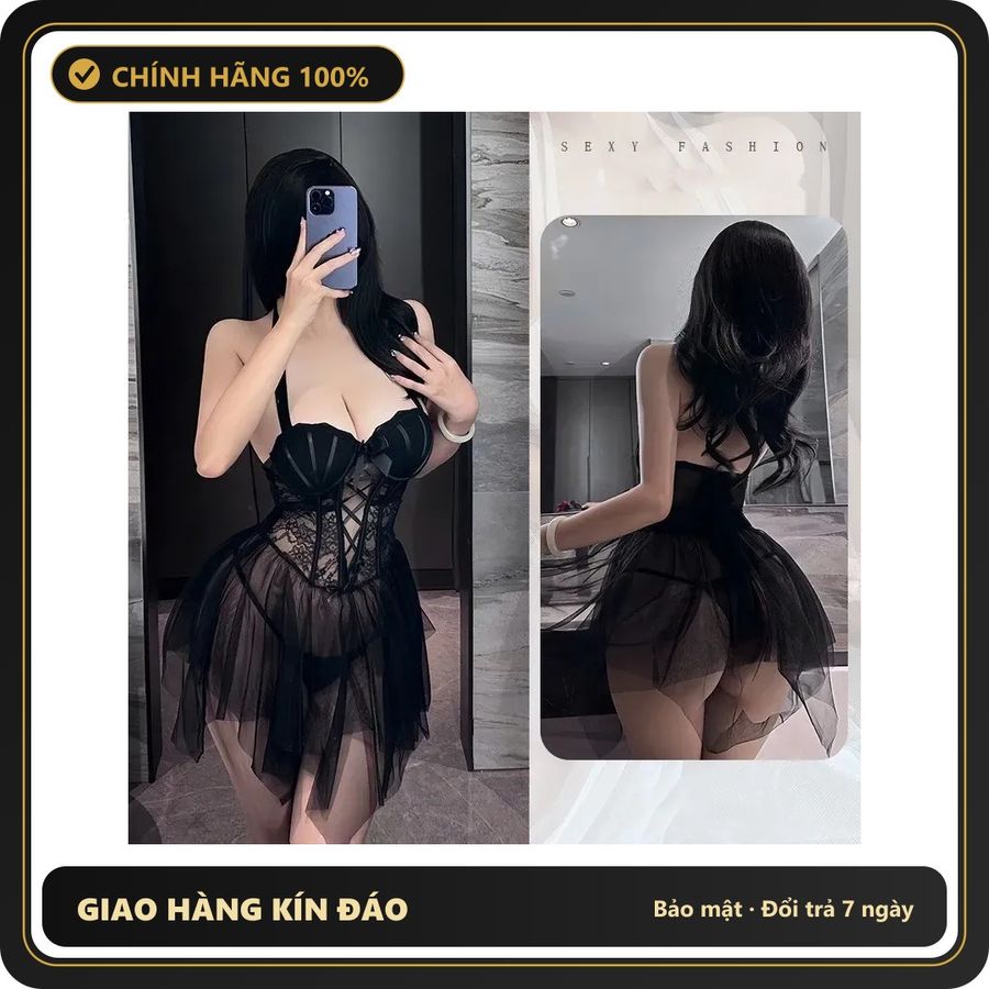 Đầm Ren KTV Xuyên Thấu Có Gọng Đệm Ngực N818 Đen chính hãng - phối ren, co giãn thoải mái, freesize - giao hàng che tên kín đáo