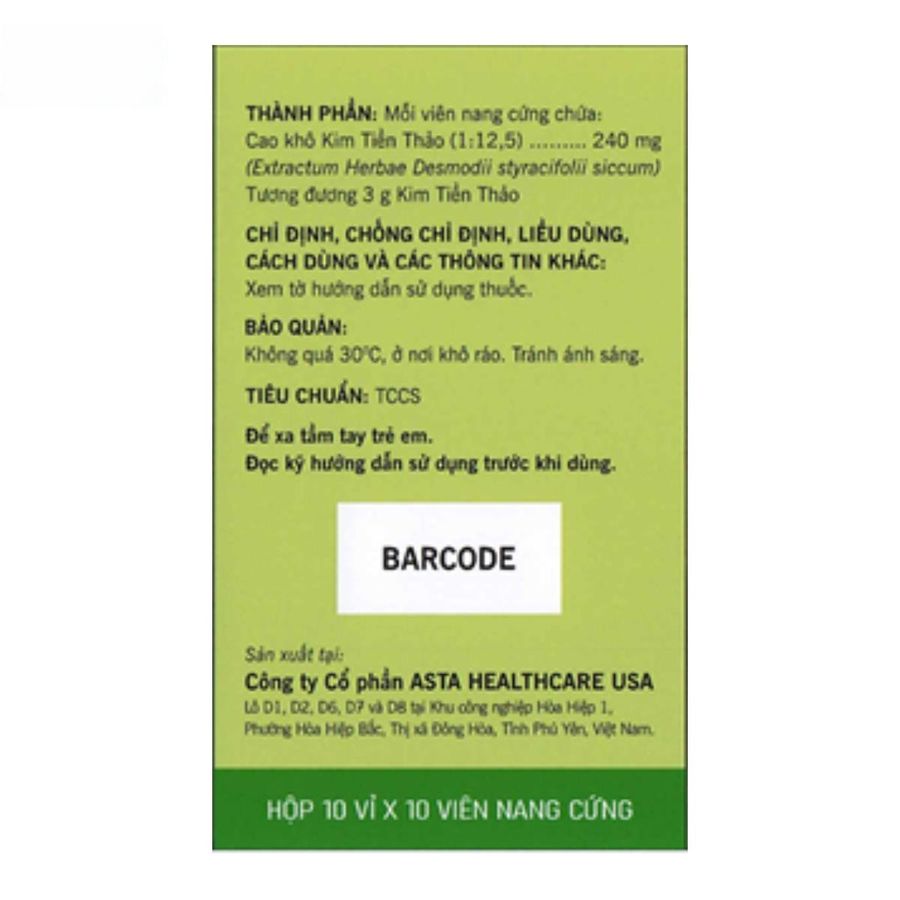Viên nang Kim Tiền Thảo 240mg - Điều trị sỏi đường tiết niệu và viêm bể thận cho người lớn - bản tiêu chuẩn