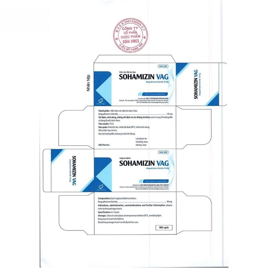 Viên nén đặt âm đạo Sohamizin Vag 10mg - Điều trị viêm âm đạo do vi khuẩn cho phụ nữ - bản tiêu chuẩn
